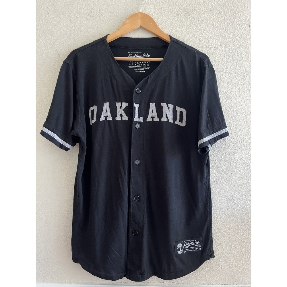 Oaklandish Mens Large Black Baseball Jersey Shirt Button Down Oakland Spellout